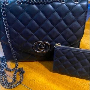 Black quilted crossbody bag with matching wallet